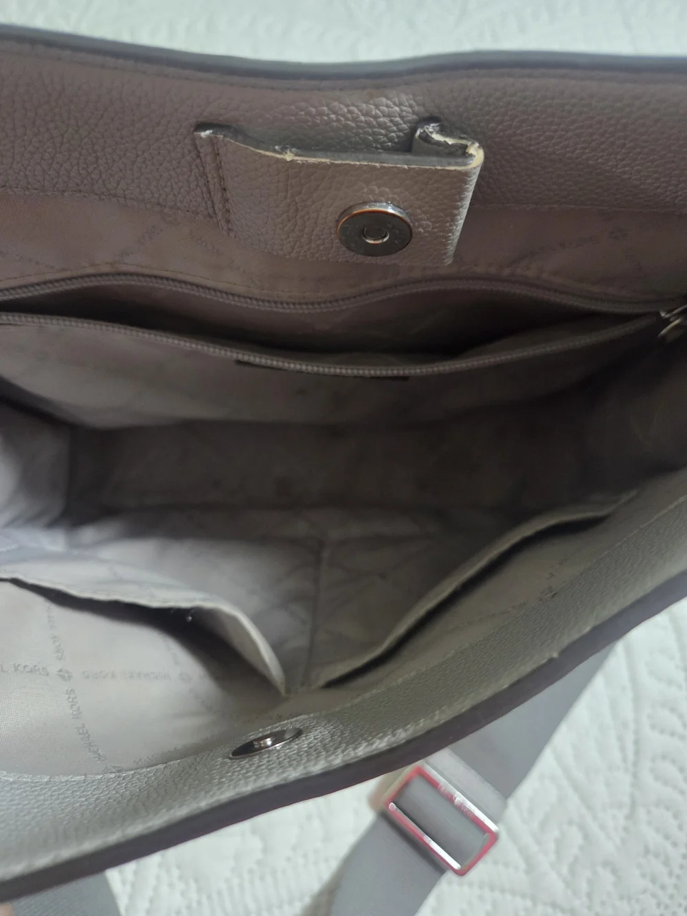 Michael Kors Metallic Taupe Logo Messenger Bag with Gray Strap